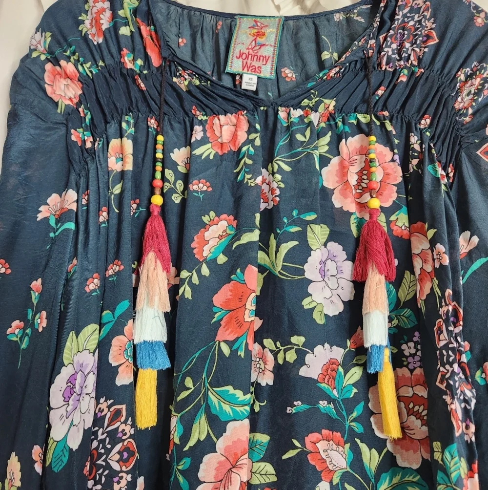 Johnny Was Harley Floral Boho Chic Long Sleeve Top Colorful Tassels Sz XS - Picture 5 of 8